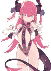Rule 34 | 1girl, adapted costume, bare shoulders, blade (galaxist), blue eyes, detached sleeves, dragon horns, dragon tail, elizabeth bathory (fate), elizabeth bathory (fate/extra ccc), elizabeth bathory (first ascension) (fate), fate (series), finger cots, flat chest, hair between eyes, hair ribbon, horns, long hair, long sleeves, looking at viewer, open mouth, pink hair, pointy ears, ribbon, solo, standing, tail, two side up, very long hair, white background