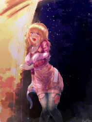 Rule 34 | 1girl, black thighhighs, blonde hair, blue eyes, breasts, cleavage, commentary request, dress, feet out of frame, large breasts, long hair, long sleeves, looking at viewer, messy hair, monica (romancing saga 3), open mouth, pink dress, red shirt, reihou19, romancing saga 3, saga, shirt, short dress, solo, thighhighs, torn clothes, torn thighhighs