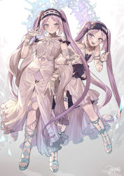 Rule 34 | 2girls, absurdres, clothing cutout, dated, dress, euryale (fate), euryale (third ascension) (fate), fate/grand order, fate/hollow ataraxia, fate (series), frilled hairband, frills, hairband, halo, highres, jewelry, locked arms, multiple girls, nao (syn eaa), navel, navel cutout, panties, purple eyes, purple hair, revision, sandals, siblings, signature, sisters, smile, stheno (fate), stheno (third ascension) (fate), thumb ring, twintails, underwear
