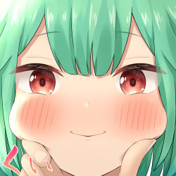 Rule 34 | 1girl, absurdres, blush, cheek squash, close-up, closed mouth, green hair, hand on another&#039;s chin, highres, hololive, pemoyashi (tianoblue), portrait, red eyes, smile, uruha rushia, virtual youtuber