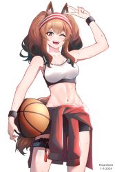 Rule 34 | 1girl, absurdres, angelina (arknights), animal ears, arknights, arm up, ball, basketball (object), black shorts, breasts, brown hair, clothes around waist, collarbone, cowboy shot, dated, fox ears, fox girl, fox tail, highres, holding, holding ball, jacket, jacket around waist, long hair, looking at viewer, medium breasts, navel, one eye closed, open mouth, red eyes, red jacket, short shorts, shorts, simple background, smile, solo, sports bra, standing, starelium, stomach, sweatband, tail, twintails, twitter username, v, white background, white sports bra