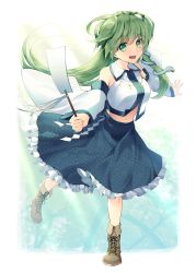 Rule 34 | 1girl, absurdres, blue skirt, boots, border, brown footwear, collared shirt, detached sleeves, frog hair ornament, full body, gohei, gradient background, green eyes, green hair, hair ornament, highres, holding, japanese clothes, kaede (mmkeyy), kochiya sanae, light rays, long hair, looking at viewer, miko, navel, open mouth, shirt, skirt, smile, snake hair ornament, solo, standing, standing on one leg, touhou, white border, white shirt, wide sleeves