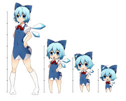 Rule 34 | 1girl, :p, age progression, aged up, ahoge, bad id, bad pixiv id, blue eyes, blue hair, bow, character sheet, chibi, child, cirno, dress, hair bow, hands on own hips, height chart, kinakomoti, kneehighs, lineup, matching hair/eyes, open mouth, short hair, smile, socks, solo, tongue, tongue out, touhou, white background, white socks, wings