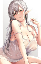 Rule 34 | 1girl, anza tomo, bare shoulders, blush, breasts, camisole, cleavage, collarbone, elf, green eyes, grey hair, huge breasts, large breasts, long hair, looking at viewer, open mouth, original, pointy ears, simple background, solo, strap slip, teeth, thighs, upper teeth only, white camisole