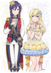Rule 34 | 2girls, ascot, asymmetrical clothes, back bow, bang dream!, bare legs, belt, black belt, blonde hair, blue pants, blue vest, blush, bow, brooch, center frills, closed mouth, coattails, commentary request, costume, cowboy shot, cropped legs, crown, detached collar, dress, earrings, emblem, epaulettes, floral background, flower, frills, hair between eyes, hair ornament, half updo, hand on own chest, hand up, highres, jewelry, karuha, long hair, long sleeves, looking at another, mini crown, multiple girls, off-shoulder dress, off shoulder, pants, pom pom (clothes), pom pom earrings, ponytail, purple eyes, purple hair, red eyes, red vest, rose, sash, scrunchie, seta kaoru, shirasagi chisato, shirt, sidelocks, signature, single earring, smile, standing, striped, striped bow, striped sash, tilted headwear, two-tone dress, vest, white ascot, white background, white pants, white shirt, wrist scrunchie, yellow bow, yellow dress