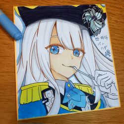 Rule 34 | 1girl, akatsuki yoru, art tools in frame, ascot, ban hada, ban hada (1st costume), blue ascot, blue jacket, fork, grey hair, hat, highres, holding, holding fork, jacket, long hair, looking at viewer, marker, marker (medium), nijisanji, nijisanji kr, photo (medium), pirate hat, portrait, shikishi, smile, solo, traditional media, virtual youtuber, white background