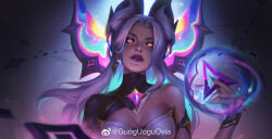 Rule 34 | 1girl, artist name, blue nails, breasts, chinese commentary, cleavage, earrings, eyeshadow, fingernails, glowing, glowing eyes, guoguoguovia, highres, jewelry, league of legends, long hair, looking at viewer, magic, makeup, medium breasts, morgana (league of legends), official alternate costume, official alternate hairstyle, parted lips, signature, smile, solo, star nemesis morgana, upper body, wings, yellow eyes