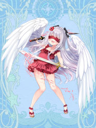 Rule 34 | 1girl, bare arms, bare shoulders, black bow, blindfold, blue background, blush, bow, brown footwear, casual one-piece swimsuit, character request, dairoku ryouhei, feathered wings, frilled swimsuit, frills, full body, grey hair, hair bow, highres, holding, holding sword, holding weapon, katana, mirai (happy-floral), official art, one-piece swimsuit, red one-piece swimsuit, sandals, solo, swimsuit, sword, two side up, weapon, white wings, wings