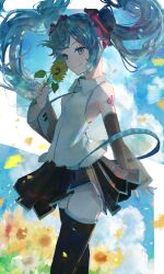 Rule 34 | 1girl, absurdres, aqua hair, aqua nails, arm tattoo, black skirt, black thighhighs, blue eyes, blue sky, breasts, cloud, collared shirt, commentary request, detached sleeves, double dougnuts, feet out of frame, floating hair, flower, hatsune miku, highres, holding, holding flower, long hair, long sleeves, pleated skirt, shirt, skirt, sky, sleeveless, sleeveless shirt, small breasts, smile, solo, standing, sunflower, tattoo, thighhighs, twintails, vocaloid, white shirt, wide sleeves, zettai ryouiki