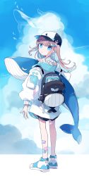 Rule 34 | + +, 1girl, absurdres, backpack, bag, bandaid, bandaid on arm, bandaid on leg, baseball cap, blue nails, blue sky, book, brown hair, chon (chon33v), earclip, earrings, flying whale, hair ornament, hat, highres, holding, holding stuffed toy, jewelry, looking back, nail polish, original, outdoors, pocket, shoes, sky, sneakers, standing, stuffed toy, stuffed whale, swimsuit, whale, whale hair ornament