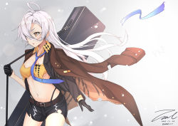 Rule 34 | 1girl, ahoge, arm at side, belt, black gloves, blue necktie, blue ribbon, breasts, buckle, buttons, case, collarbone, collared shirt, dated, girls&#039; frontline, gloves, grey background, grey legwear, gun, hair over eyes, half gloves, highleg, highleg panties, holding strap, jacket, jacket on shoulders, long hair, looking away, medium breasts, midriff, navel, necktie, official alternate costume, one eye covered, open clothes, open jacket, panties, pants, parted lips, pkp (girls&#039; frontline), pkp (l.a.d.y) (girls&#039; frontline), ribbon, shirt, short shorts, shorts, sideboob, signature, silver hair, simple background, solo, sparkle, standing, strap, string panties, thighs, torn clothes, torn jacket, torn pants, torn shirt, torn shorts, twitter username, underwear, unel1211, very long hair, weapon, weapon bag, yellow eyes