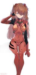 Rule 34 | 1girl, absurdres, artist request, blue eyes, bodysuit, breasts, brown hair, curvy, evangelion: 3.0 you can (not) redo, expressionless, gradient background, hair over one eye, hand in own hair, hand on own ass, head tilt, highres, interface headset, invisible chair, lips, long hair, medium breasts, neon genesis evangelion, pilot suit, plugsuit, rebuild of evangelion, red bodysuit, shiny clothes, sitting, solo, souryuu asuka langley, tsundere, two side up, wide hips