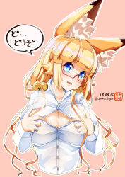 Rule 34 | 1girl, amino dopple, animal ear fluff, animal ears, bell, blonde hair, blue eyes, blunt bangs, blush, breasts, collared shirt, commentary request, dated, fox ears, glasses, hair bell, hair ornament, highres, honami mikura (amino dopple), jingle bell, large breasts, long hair, long sleeves, looking at viewer, low twintails, original, outline, paizuri invitation, parted lips, pink background, red-framed eyewear, semi-rimless eyewear, shirt, signature, simple background, slit pupils, solo, twintails, twitter username, under-rim eyewear, upper body, white outline, white shirt, wing collar