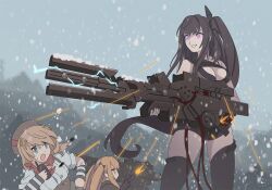 Rule 34 | 3girls, architect (girls&#039; frontline), beret, black hair, blonde hair, blue eyes, braid, breasts, brown hair, cleavage, commission, electricity, firing, fnc (girls&#039; frontline), giant, giantess, girls&#039; frontline, gun, h&amp;k ump, hair ornament, hat, holding, holding gun, holding weapon, jupiter cannon (girls&#039; frontline), large breasts, long hair, multiple girls, one side up, open mouth, pixiv commission, purple eyes, sangvis ferri, smile, snow, snowing, submachine gun, tab (tabkun), twintails, ump9 (girls&#039; frontline), very long hair, weapon