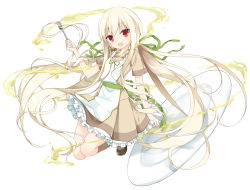 Rule 34 | arm up, blonde hair, flat chest, floating, floating hair, fork, green ribbon, holding, kamu (geeenius), long hair, looking at viewer, maid, open mouth, original, plate, red eyes, ribbon, sidelocks, simple background, solo, very long hair