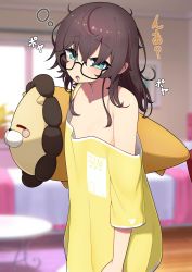 Rule 34 | 1girl, absurdres, aqua eyes, areola slip, bedroom, bespectacled, black-framed eyewear, brown hair, cowlick, drooling, ebi frion (natsuiro matsuri), glasses, hair between eyes, highres, holding, holding stuffed toy, hololive, indoors, long hair, lunch boxer, messy hair, natsuiro matsuri, off shoulder, open mouth, pajamas, shirt, single bare shoulder, solo, stuffed toy, translation request, virtual youtuber, yellow shirt