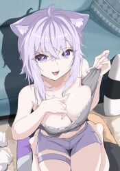 1girl absurdres ahoge animal_ear_fluff animal_ears bare_shoulders black_camisole breasts camisole cat_ears cat_girl cleavage ft_erzalove highres hololive kneeling large_breasts looking_at_viewer medium_hair nekomata_okayu nekomata_okayu_(membership) purple_eyes purple_hair purple_shorts shadow shorts smile solo virtual_youtuber