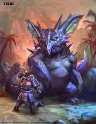 Rule 34 | 1boy, armor, commentary, creature, creatures (company), eye contact, game freak, gen 1 pokemon, highres, horns, legs apart, leomelodica, looking at another, male focus, nidoking, nintendo, original, outdoors, palm tree, pokemon, pokemon (creature), realistic, rock, samurai, sheath, sheathed, size difference, standing, sword, tree, weapon