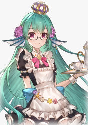 Rule 34 | 1girl, alternate costume, arms behind back, commentary, crown, cup, earrings, enmaided, finana ryugu, fins, fish girl, flower, frills, glasses, green hair, hair flower, hair ornament, head fins, highres, holding, holding tray, jewelry, jun wei, long hair, looking at viewer, maid, nijisanji, nijisanji en, puffy short sleeves, puffy sleeves, red eyes, short sleeves, smile, solo, teapot, tray, very long hair, virtual youtuber, wrist cuffs