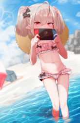 Rule 34 | 1girl, absurdres, beach, bikini, bikini top only, black bow, blue sky, blurry, blurry background, blush, bow, bow panties, day, depth of field, grey hair, hair bow, hair ornament, hair scrunchie, handheld game console, hat, hat on back, highleg, highleg panties, highres, holding, holding handheld game console, looking at viewer, makaino ririmu, nijisanji, nintendo switch, ocean, open mouth, outdoors, panties, parted lips, pink bikini, pink bow, pointy ears, red eyes, scrunchie, sky, solo, straw hat, swimsuit, twintails, underwear, utsusumi kio, virtual youtuber, wading, white panties