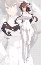 Rule 34 | 1girl, absurdres, artist name, blush, breasts, brown eyes, brown hair, buttons, cherry blossoms, closed mouth, flower, full body, gloves, hair between eyes, hair flower, hair ornament, highres, himeyamato, kantai collection, large breasts, long hair, long sleeves, military uniform, multiple views, naval uniform, pants, petals, pink flower, ponytail, shoes, signature, smile, uniform, very long hair, white footwear, white gloves, white pants, yamato (kancolle), zoom layer