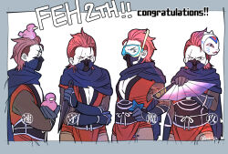 4boys anniversary bird character_mask congratulations duck fire_emblem fire_emblem_fates fire_emblem_heroes gambeson hand_fan holding holding_shuriken holding_weapon japanese_clothes lilith_(fire_emblem) male_focus mask mouth_mask multiple_boys ninja ninja_mask nintendo one_eye_closed pectoral_cleavage pectorals red_eyes red_hair saizo_(fire_emblem) scar scar_across_eye scarf shuriken snorkel weapon yokokisa