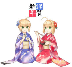 Rule 34 | 10s, 1girl, :t, ahoge, alle gro, artoria pendragon (all), artoria pendragon (fate), blonde hair, blue flower, blue kimono, camellia, chopsticks, closed mouth, eating, fate/extra, fate/stay night, fate (series), flower, food, furisode, green eyes, hair flower, hair intakes, hair ornament, happy new year, holding, holding chopsticks, holding food, japanese clothes, kimono, mochi, nengajou, nero claudius (fate), nero claudius (fate) (all), nero claudius (fate/extra), new year, obi, onigiri, red flower, red kimono, saber (fate), sash, seiza, short hair, short hair with long locks, sidelocks, simple background, sitting, solo, wagashi, white background, zouni soup
