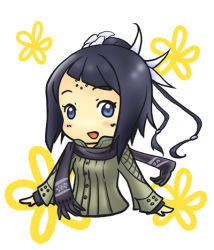 Rule 34 | 1girl, aq interactive, black hair, blue eyes, blush, breasts, flower, hair ornament, jacket, long hair, lowres, manamia, mistwalker, nintendo, open mouth, scarf, the last story