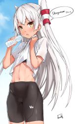 Rule 34 | 1girl, :o, abs, alternate costume, amatsukaze (kancolle), bike shorts, blouse, blush, bottle, brown eyes, commentary request, cowboy shot, drinking, hair tubes, holding, holding bottle, kantai collection, long hair, looking at viewer, midriff, navel, one-piece tan, shirt, short sleeves, signature, silver hair, solo, sports bra, t-shirt, takanashi kei (hitsujikan), tan, tanline, two side up, white shirt