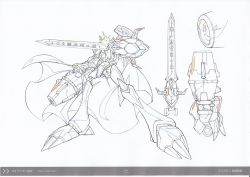 Rule 34 | 1boy, arm cannon, armor, cape, character sheet, digimon, digimon (creature), digimon adventure tri., full armor, full body, highres, horns, mecha, monochrome, no humans, official art, omegamon, robot, simple background, solo, standing, sword, weapon, white background