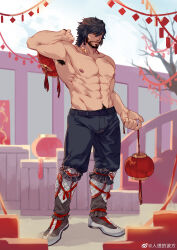 Rule 34 | 1boy, abs, absurdres, armpit hair, artist request, bara, beard, belt, braid, chinese clothes, chinese new year, facial hair, final fantasy, final fantasy xiv, full body, highres, holding, holding lantern, hy the highlander, lantern, large pectorals, light smile, long hair, looking at viewer, male focus, mature male, medium hair, multiple braids, mustache, navel, navel hair, nipples, obliques, pectorals, red theme, scar, second-party source, shoes, solo, thick eyebrows, topless male, warrior of light (ff14)
