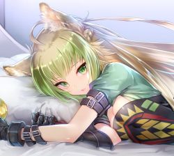 Rule 34 | 1girl, ahoge, animal ear fluff, animal ears, atalanta (fate), bad id, bad twitter id, blonde hair, braid, breasts, buckle, cat ears, cleavage, fate/grand order, fate (series), french braid, gloves, green eyes, green hair, long hair, looking at viewer, lying, miyuki ruria, multicolored hair, on side, pillow, small breasts, solo, under covers