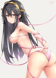 Rule 34 | 10s, 1girl, armpits, ass, bad id, bad twitter id, bikini, black hair, blush, breasts, brown eyes, closed mouth, commentary request, covered erect nipples, cowboy shot, dated, entangled, from behind, grey background, hair between eyes, hair ornament, hairclip, haruna (kancolle), headphones, kantai collection, leaning forward, light frown, long hair, looking at viewer, medium breasts, micro bikini, pink bikini, pink ribbon, ribbon, rin yuu, shiny skin, sideboob, signature, simple background, skindentation, solo, standing, string bikini, swimsuit, tareme, thighs, very long hair