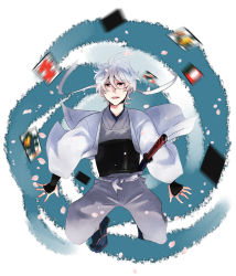 Rule 34 | 1boy, clearbluee, floating, gintama, headband, japanese clothes, joui, male focus, motion blur, red eyes, sakata gintoki, silver hair, solo