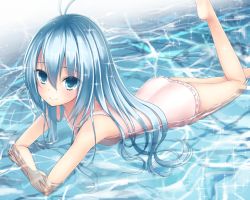 Rule 34 | 10s, 1girl, ass, barefoot, blue eyes, blue hair, casual one-piece swimsuit, denpa onna to seishun otoko, leg lift, long hair, lying, matching hair/eyes, munuu, on stomach, one-piece swimsuit, smile, solo, sparkle, swimsuit, touwa erio, water, wet, wet clothes, wet swimsuit