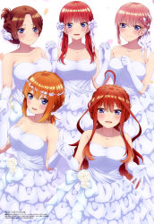 Rule 34 | 5girls, absurdres, ahoge, bare shoulders, blue eyes, blush, braid, breasts, bridal gauntlets, brown hair, cleavage, closed mouth, collarbone, dress, female focus, flower, gloves, go-toubun no hanayome, hair flower, hair ornament, highres, holding hands, large breasts, long hair, looking at viewer, megami magazine, multiple girls, nakano ichika, nakano itsuki, nakano miku, nakano nino, nakano yotsuba, official art, open mouth, orange hair, outstretched arms, pink hair, red hair, rose, scan, short hair, siblings, sidelocks, simple background, sisters, wedding dress, white background, white dress, white flower, white gloves, white rose