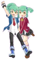 Rule 34 | 1boy, 1girl, :d, arm up, black pants, black skirt, blue jacket, brother and sister, brown footwear, collared shirt, dress shirt, duel academy uniform (yu-gi-oh! 5d&#039;s), green hair, hair between eyes, highres, holding hands, jacket, lua (yu-gi-oh!), luca (yu-gi-oh!), mechakucha, miniskirt, neck ribbon, necktie, open clothes, open jacket, open mouth, pants, pleated skirt, ponytail, red jacket, red neckwear, red sailor collar, ribbon, sailor collar, shirt, siblings, skirt, smile, standing, standing on one leg, twins, twintails, white legwear, white shirt, wing collar, yellow eyes, yellow ribbon, yu-gi-oh!, yu-gi-oh! 5d&#039;s