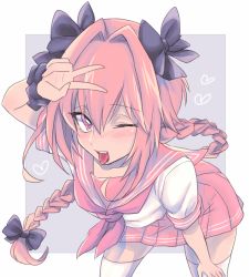 Rule 34 | 1boy, astolfo (fate), astolfo (sailor paladin) (fate), bad id, bad pixiv id, bent over, black bow, blush, bow, braid, fang, fate/grand order, fate (series), hair bow, heart, leaning forward, long hair, looking at viewer, loveyuping, male focus, neckerchief, official alternate costume, one eye closed, open mouth, pink hair, pink neckerchief, pink skirt, purple eyes, skirt, smile, solo, teeth, thighhighs, tongue, tongue out, trap, v, white thighhighs