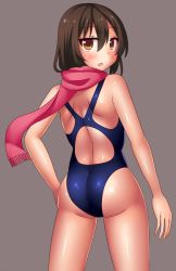 Rule 34 | 1girl, ass, bad id, bad pixiv id, brown eyes, brown hair, competition swimsuit, from behind, grey background, looking back, neri sachiko, one-piece swimsuit, open mouth, original, scarf, shiny skin, short hair, solo, swimsuit