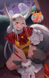 Rule 34 | 1girl, absurdres, animal ears, animal hands, bare shoulders, bat (animal), bell, between legs, bodypaint, boku no hero academia, bow, breasts, bush, capelet, claw pose, commentary, english commentary, english text, food-themed hair ornament, fur collar, ghost, gloves, hair ornament, hairclip, halloween, hand between legs, highres, koyap, large breasts, leotard, long eyelashes, long hair, looking at viewer, mirko, mixed-language commentary, neck bell, open mouth, orange leotard, outdoor unit, parted bangs, paw gloves, paw shoes, pentagram, pumpkin, pumpkin hair ornament, rabbit ears, rabbit girl, red bow, red capelet, red eyes, smile, solo, speech bubble, squatting, teeth, thick thighs, thighs, toned, very long hair, white hair