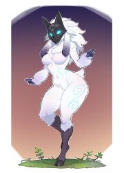 1girl animal_ears animal_feet animal_hands blank_eyes blue_eyes body_fur body_markings border breasts completely_nude covered_face female_focus full_body furry furry_female gradient_background grass groin hand_up hooves kindred_(league_of_legends) lamb_(league_of_legends) league_of_legends leg_up legs lolobox long_hair mask medium_breasts navel neck_fur nipples nude outline sheep_ears sheep_girl sheep_tail short_tail simple_background solo standing standing_on_one_leg stomach tail thick_thighs thighs white_border white_fur white_hair white_outline wide_hips