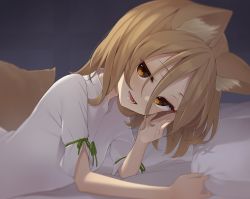 Rule 34 | 1girl, animal ear fluff, animal ears, bed sheet, blonde hair, blurry, blush, breasts, commentary request, depth of field, eyebrows, eyelashes, fox ears, fox girl, green ribbon, hair between eyes, highres, indoors, kanpa (campagne 9), kudamaki tsukasa, looking at viewer, lying, open mouth, pillow, pillow grab, pov, ribbon, romper, short hair, short sleeves, small breasts, touhou, yellow eyes