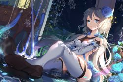 Rule 34 | 1girl, black footwear, blue eyes, blue flower, blue rose, blush, breasts, collarbone, crossed arms, dress, elbow gloves, flower, gakushin (houchi shoujo), gloves, hair between eyes, hair flower, hair ornament, highres, houchi shoujo, loafers, long hair, looking at viewer, low twintails, medium breasts, night, open mouth, pdxen, rose, shoes, sidelocks, sitting, sky, snowflakes, solo, star (sky), starry sky, thighhighs, twintails, very long hair, white gloves, white hair, white thighhighs, wind chime