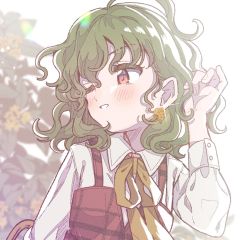Rule 34 | 1girl, ahoge, blurry, blurry background, blush, bow, bowtie, breasts, brown flower, buttons, closed mouth, collared shirt, commentary request, dress, earrings, eyelashes, fingernails, flower, flower earrings, green hair, hair between eyes, hand up, jewelry, kazami yuuka, leaf, long sleeves, looking to the side, medium breasts, one eye closed, plaid, plaid dress, puffy long sleeves, puffy sleeves, red dress, red eyes, satomachi, shirt, short hair, simple background, smile, solo, sparkle, teeth, touhou, umbrella, upper body, wavy hair, white background, white shirt, yellow bow, yellow bowtie, yellow flower