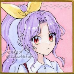 Rule 34 | 1girl, 2zuz4hru, :&lt;, closed mouth, commentary request, hair ribbon, high ponytail, long hair, looking at viewer, painting (medium), parted bangs, pink background, portrait, purple hair, red eyes, ribbon, simple background, solo, touhou, traditional media, v-shaped eyebrows, watatsuki no yorihime, watercolor (medium), yellow ribbon