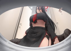Rule 34 | 1girl, black hair, blue archive, breasts, feathered wings, female focus, from below, garter belt, hasumi (blue archive), red eyes, solo, standing, toilet, toilet stall, toritora, underboob, wings