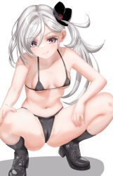 1girl :q absurdres bikini black_bikini black_footwear black_socks blue_archive blush breasts collarbone commentary_request grey_hair hair_between_eyes highres medium_breasts micro_bikini mutsuki_(blue_archive) navel purple_eyes side_ponytail socks solo swimsuit thighs tongue tongue_out wakaunderblade7