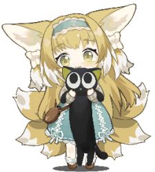 Rule 34 | animal ears, animated, animated gif, arknights, artist request, black eyes, black hair, blonde hair, breasts, chibi, fox ears, fox girl, fox tail, lifting animal, long hair, looping animation, lowres, luo xiaohei, small breasts, socks, source request, suzuran (arknights), suzuran (spring praise) (arknights), tail, luo xiaohei zhanji, third-party source, white background, white socks, yellow eyes
