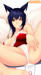 Rule 34 | 1girl, ahri (league of legends), animal ears, ass, bare shoulders, black hair, breasts, detached sleeves, fox ears, fox tail, korean clothes, large breasts, league of legends, long hair, looking at viewer, multiple tails, partially visible vulva, ryu seung, smile, solo, spread legs, tail, thighs