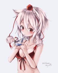 Rule 34 | 1girl, animal, animal ears, artist name, bare arms, bare shoulders, bikini, bird, blush, chikuwa savy, collarbone, commentary request, front-tie bikini top, front-tie top, grey background, hair between eyes, hat, holding, holding animal, inubashiri momiji, looking at viewer, mouth hold, navel, pom pom (clothes), red bikini, red eyes, short hair, silver hair, simple background, solo, stomach, swimsuit, tassel, tokin hat, touhou, twitter username, upper body, wolf ears